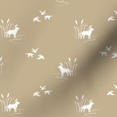 an image of a dog and birds in the grass on a brown background with white outlines