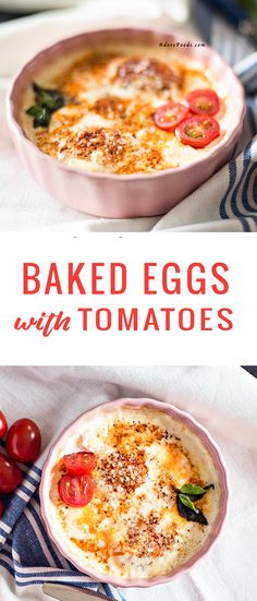 baked eggs with tomatoes in a pink bowl on a blue and white towel next to cherry tomatoes