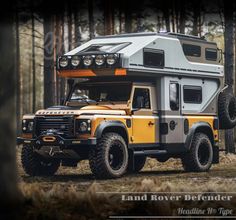 an off road camper parked in the woods with its roof tent open and lights on