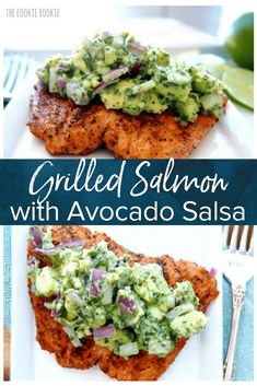 grilled salmon with avocado salsa on a white plate