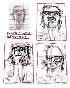 three different drawings of people with glasses and the words wacky grid drawings on them