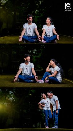 two people sitting on the ground with their arms around each other and one person holding his head