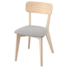 a wooden chair with grey fabric seat pad