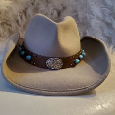 Stunning And Very Sexy Western Hat With Large Turquoise Beads And Leather Band With Silver Buckle. 100% Wool Felt. Western Hat, Western Hats, Cowgirl Hats, Turquoise Beads, Leather Band, Wool Felt, Cowboy Hats, Accessories Hats, Women Accessories