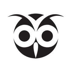 an owl's face is shown in this black and white logo, which has two large eyes