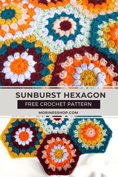 the sunburst hexagon crochet pattern is shown with text overlay