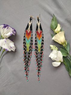 Green Statement Earrings, Bead Fringe, Earring Ideas, Materials And Textures, Black White Gold, Beaded Fringe, Seed Bead, Boho Bohemian