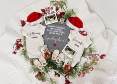 a wreath with baby's first christmas pictures and teddy bears