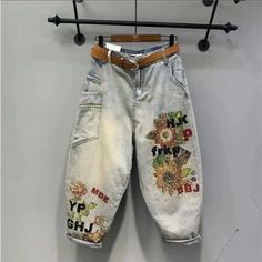 Women Denim Harem Pants European Style Diamond Printed Denim Pants Fashion Streetwear Elastic Waist Jeans Spring Summer No Belt, Thin Fabric Good Quality Made In Korea Printed Denim Pants, Harem Jeans, Denim Pants Fashion, Denim Decor, Elastic Waist Jeans, Heavy Industry, Denim Pants Women, Linen Pants Women, Overalls Women