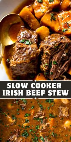 slow cooker irish beef stew in a white bowl with spoons and parsley on the side