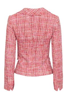 Elevate your office style with this chic Dolce & Gabbana tweed blazer in red, pink, cream, and beige. The classic button front design adds a touch of elegance, while the silk blouse completes the look. Perfect for the fashion-forward professional. Size 4 (IT 40) Made in Italy Shell 86% Cotton, 7% Viscose, 4% Wool, 2% Silk, 1% Nylon Lining 65% Viscose, 35% Cotton Button front closure Two button front pockets Bust 34" Waist 30" Shoulder to hem 22" Shoulder to shoulder 14.5" Sleeve length 24.5" Chic Pink Tweed Blazer, Formal Pink Tweed Blazer, Chic Red Tweed Jacket, Pink Tweed Office Jacket, Pink Tweed Jacket For Office, Pink Fitted Tweed Jacket For Work, Chic Pink Tweed Jacket For Formal Occasions, Fitted Pink Tweed Jacket For Work, Red Fitted Tweed Blazer