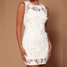 Super Cute White Crochet Mini Dress Perfect For Bridal Events, Graduation, Or Any Summer Occasion! Brand New, Purchased Final Sale. Really Wanted To Keep But Unfortunately It’s Slightly Too Big And The Crochet Makes It’s Too Expensive To Tailor Xs Fits True To Size. I’m Typically An Xxs In Dresses. Sleeveless Lace Mini Dress With Crochet Details, Lace Mini Dress With Lace Work, Fitted Sleeveless Crochet Dress With Lace Trim, Mini Lace Dress With Lace Work, Fitted Crochet Dress With Lace Patchwork, Mini Length, Fitted Crochet Mini Dress With Lace Patchwork, Fitted Mini Dress With Lace Details, Fitted Mini Length Dress With Lace Work, Fitted Sleeveless Crochet Lace Dress