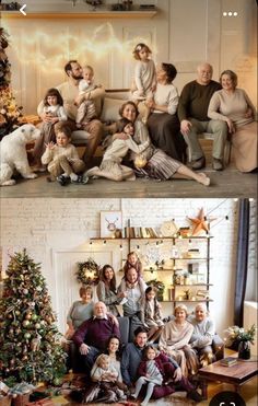 the family is posing for pictures in front of their christmas tree