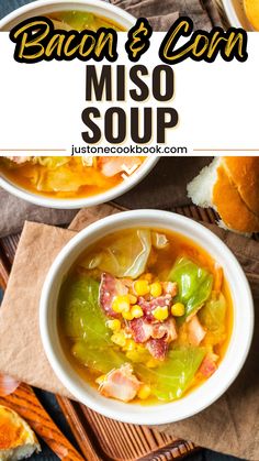 bacon and corn miso soup in two white bowls