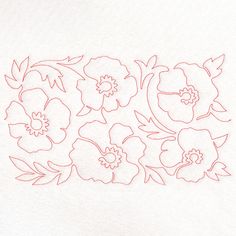 an embroidered piece of cloth with red thread on the bottom and flowers in the middle