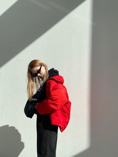 Hoodie Photography, Red Puffer Jacket, Label M, Red Puffer, Wardrobe Update, Winter Aesthetic, Photo Idea, Jacket Brands, Red Hoodie