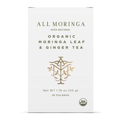 organic ginger tea from allmoringa, with the label in gold and green