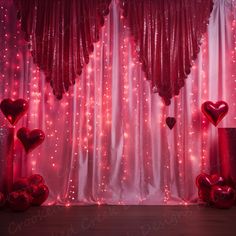 valentine's day backdrop with red heart balloons and sheer drapes, lights and curtains