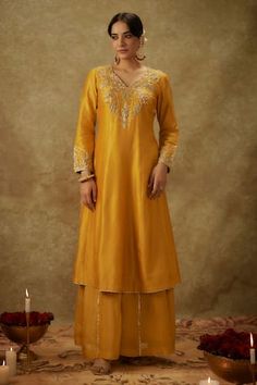 Yellow kurta with floral zardozi embroidered neck and sleeve. Paired with kali pant and an organza dupatta. - Aza Fashions V-neck Dabka Work Traditional Wear For Diwali, V-neck Traditional Wear With Dabka Work For Diwali, Diwali Dabka Work V-neck Sets, Festive Gota Work Sets With V-neck, V-neck Sets With Resham Embroidery For Festive Season, Festive Embroidered V-neck Kurta, Festive V-neck Sets With Floral Embroidery, Diwali Resham Embroidery V-neck Sets, Festive Embroidered V-neck Traditional Wear