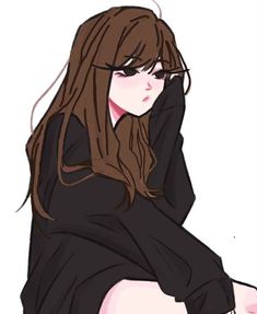 a drawing of a woman with long brown hair and black dress sitting on the ground