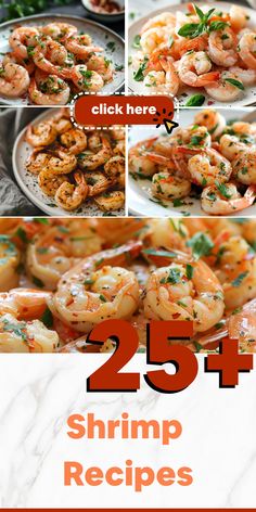 shrimp recipe collage with text overlay that reads, 25 shrimp recipes click here