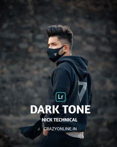 a man wearing a black face mask with the words dark tone nick technical crazy online in front of him