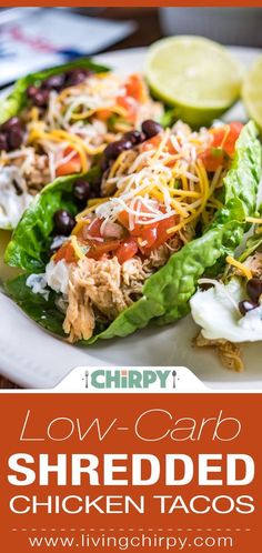 low carb shredded chicken tacos on a white plate