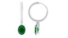 Rosec Jewels - Oval Created Emerald and Diamond Hoop Drop Earrings Elegant Round Hoop Earrings With Emerald, Green Hoop Jewelry For Formal Occasion, Green Hoop Jewelry For Formal Events, Oval Halo Design Hoop Earrings As Gift, Green Gemstone Hoop Earrings In Fine Jewelry Style, Oval Hoop Earrings With Halo Design For Gift, Classic Green Hoop Earrings For Anniversary, Fine Jewelry Emerald Hoop Earrings, Green Diamond Hoop Earrings Fine Jewelry