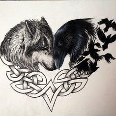 two black and white wolfs with their heads touching each other's noses on a piece of paper