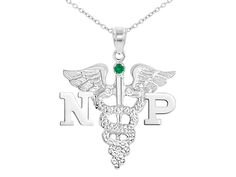 "NP necklace for Nurse Practitioners graduates USA manufactured in solid sterling silver. 3/4\" length charm and a beautiful combination of high polish and diamond cut finish. An attractive presentation gift box included. You can also customize your Nurse Practitioner NP charm with a variety of gemstones including diamonds, rubies, emeralds, pink sapphires, amethysts and other beautiful colors weighing approximately 0.025 carats. The pendant is suspended from a strong yet beautiful solid sterlin Customizable Silver Round Pendant Jewelry, Pendant Charm Necklaces With Polished Finish For Anniversary, Silver Charms For Gifts, Fine Jewelry Style, Sterling Silver Polished Birthstone Necklace For Gifts, Sterling Silver Polished Finish Birthstone Necklace For Gift, Silver Charms For Gifts In Fine Jewelry Style, Personalized Silver Fine Jewelry, Silver May Birthstone Round Pendant, Silver May Birthstone Round Pendant Jewelry