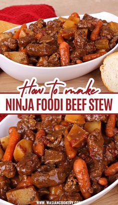 two bowls filled with beef and carrots on top of a wooden table next to bread