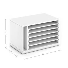 an image of a white book shelf on a white background with measurements for each section