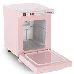 a pink microwave oven with the door open