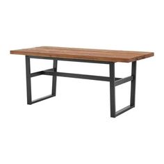 a wooden table sitting on top of a metal frame