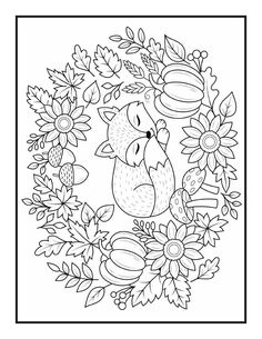 a black and white drawing of a bird surrounded by leaves, flowers and acorns