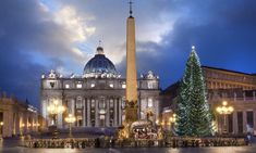 a large christmas tree in front of a tall building with lights on it's sides