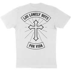 A unisex crewneck t-shirt in white with Los Lonely Boys "Por Vida" graphic printed on the front and back. White Print T-shirt With Back Print For Streetwear, White Tshirt Men, White T, White Tshirt, Crew Neck, T Shirt, White