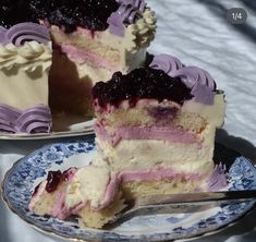 two pieces of cake on plates with one slice cut out and the other half eaten