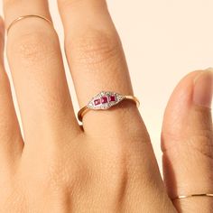 Machine Age Ruby Ring Luxury Rectangular Ruby Ring For Wedding, Square Cut Ruby Ring For Anniversary, Anniversary Square Cut Ruby Ring Fine Jewelry, Square Cut Ruby Anniversary Ring, Emerald Cut Ruby Ring With Rose Cut Diamonds, Machine Age, July Baby, White Face, Square Cut