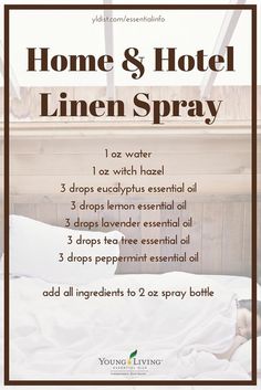 an advertisement for the home and hotel linen spray with a woman laying in her bed