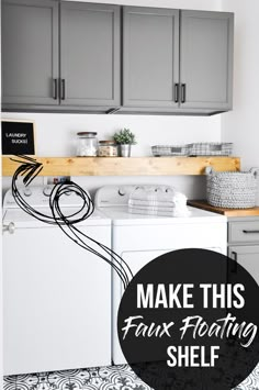 a kitchen with gray cabinets and white appliances