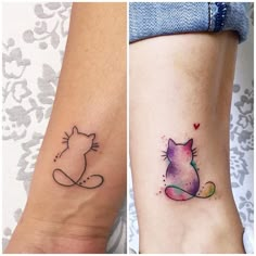 two tattoos with cats on their legs and one has a cat's tail in the shape of a heart