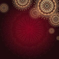 a red and gold background with many circular designs on the bottom, including an intricate design