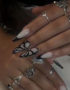 Paznokcie Hello Kitty, Future Nails, Butterfly Nail Designs, Edgy Nails, Grunge Nails, Butterfly Nail, Funky Nails