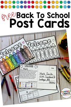 back to school post cards with markers and crayons