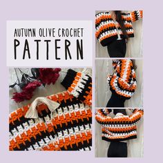 an orange and white crochet scarf with black trims on it, along with three pictures of the same pattern