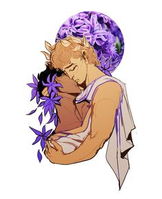 a drawing of a man with purple flowers in his hair, holding a cell phone