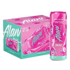 a pink and green can of aluna energy drink next to a box on a white background