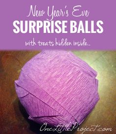 purple ball of yarn with text overlay that reads new year's eve surprise balls with treats hidden inside