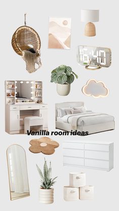 a collage of white furniture and accessories with the words vanilla room ideas above them